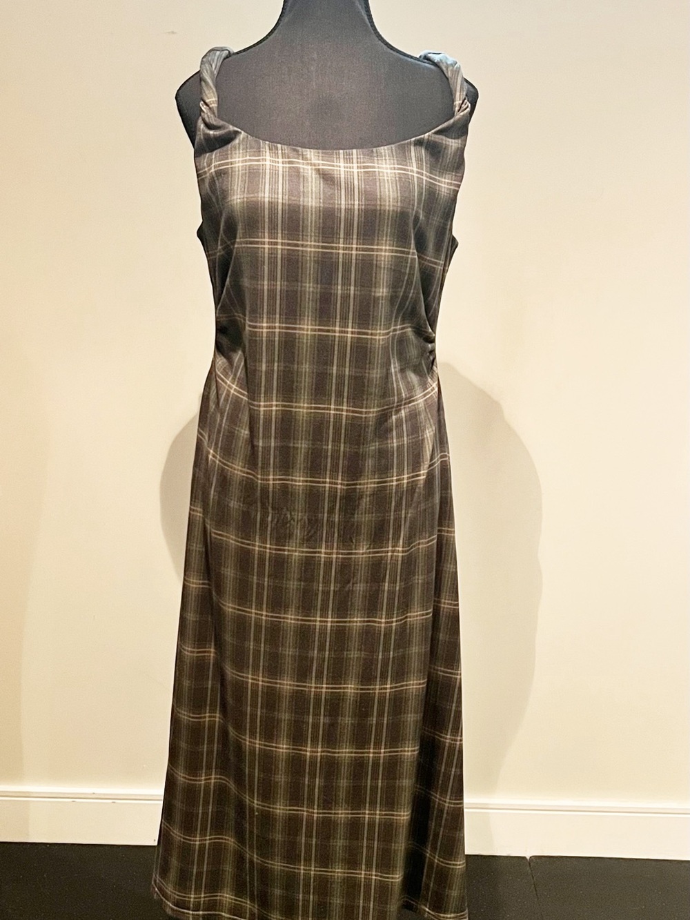 Cider Olive and Tan Plaid Midi Slip Dress